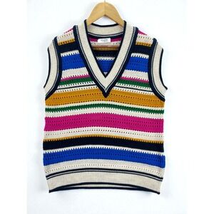 GALITA Women's L Striped Knit Vest‎ Multicolor V-Neck Sleeveless Preppy Sweater